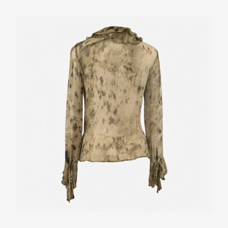 Roberto Cavalli F/W 1999 blouse front, showcasing center ruffle cascade and V-neckline on translucent silk
