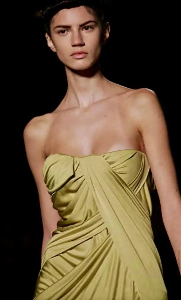 Yellow silk tulle dress by Christian Dior, asymmetric hemline with cascading drape detail, front view