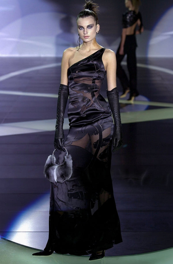 Valentino F/W 2001 Black Panther Satin One Shoulder Gown