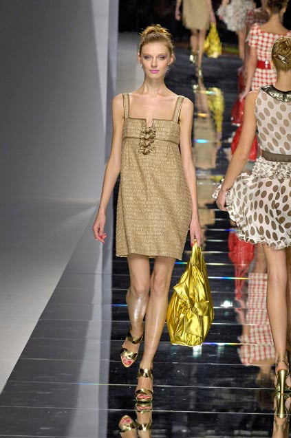 Valentino S/S 2008 Gold Lurex Tweed Square-Neck Bow-Embellished Mini Dress