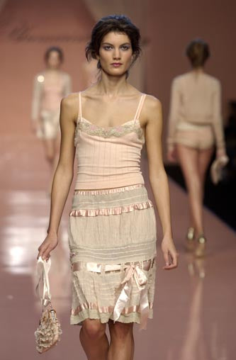 Blumarine S/S 2004 Ecru Hooded Lace And Satin-Ribbon Mini Dress Ensemble