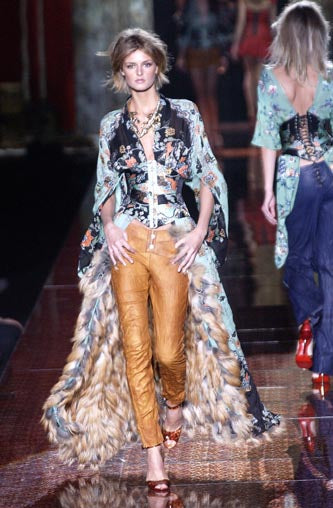 Roberto Cavalli cognac lambskin flare pants, front view showing belt loops and five-pocket styling