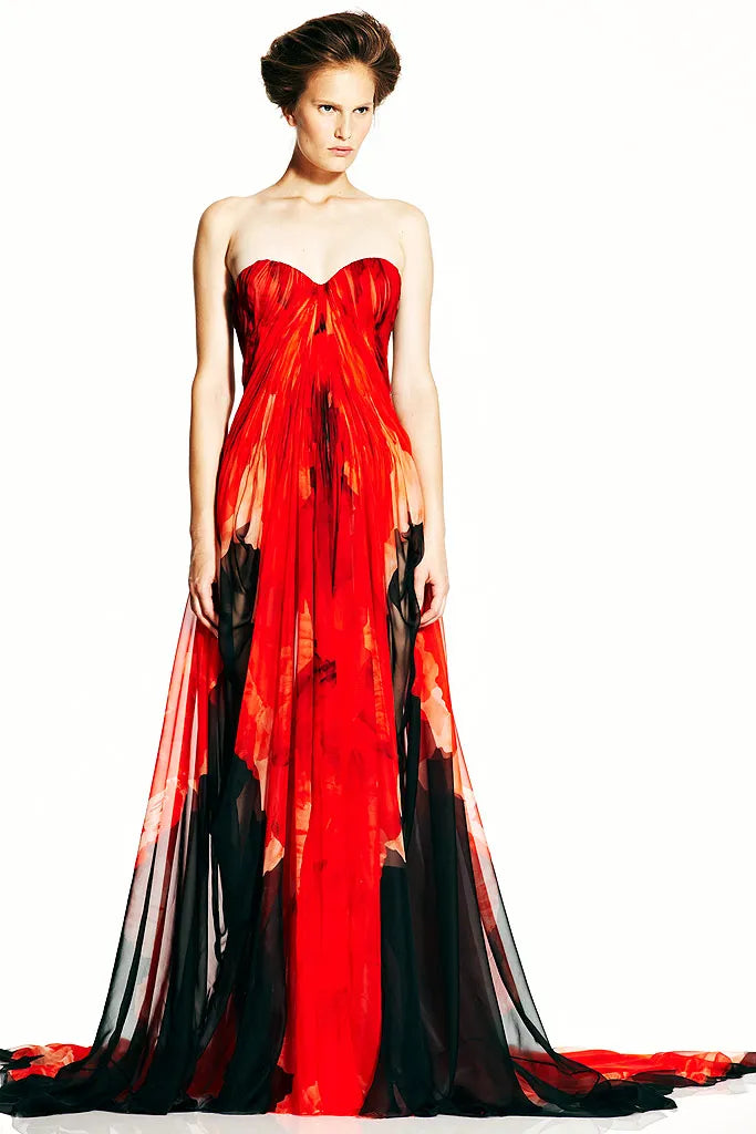 Alexander McQueen Resort 2011 runway presentation, red pleated chiffon strapless gown