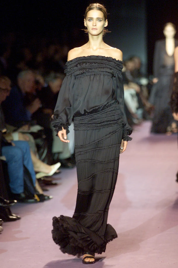 Yves Saint Laurent by Tom Ford F/W 2001 Black Silk Smocked Off-Shoulder Blouse