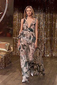 Dolce & Gabbana dollar print jersey dress, front view showing bodycon fit and wide shoulder straps