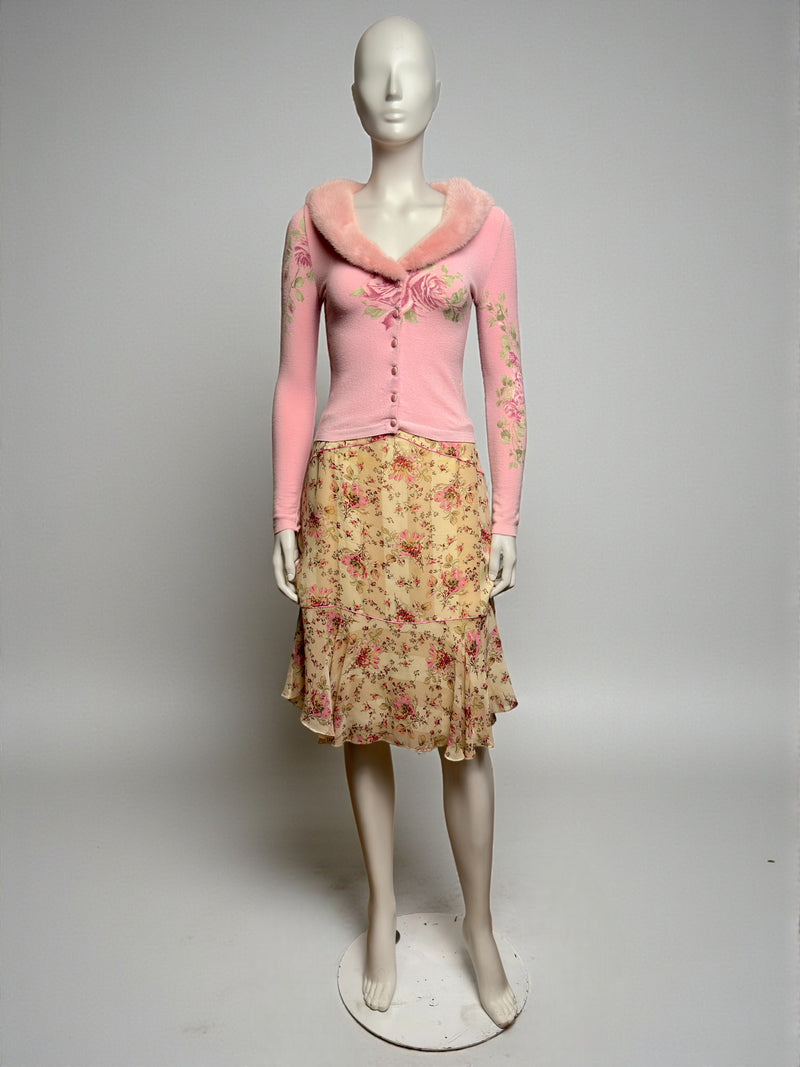 Pink cardigan with fur trim and floral chiffon skirt by Blumarine, F/W 1999 ensemble on transparent background