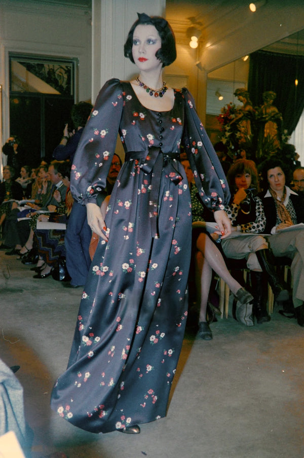 Saint Laurent Rive Gauche F/W 1974 Dark Brown Floral-Print Satin Maxi Dress