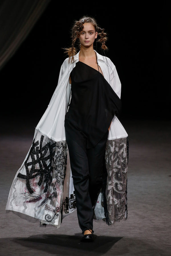 Yohji Yamamoto S/S 2020 White Balloon-Hem Embellished Shirt Dress